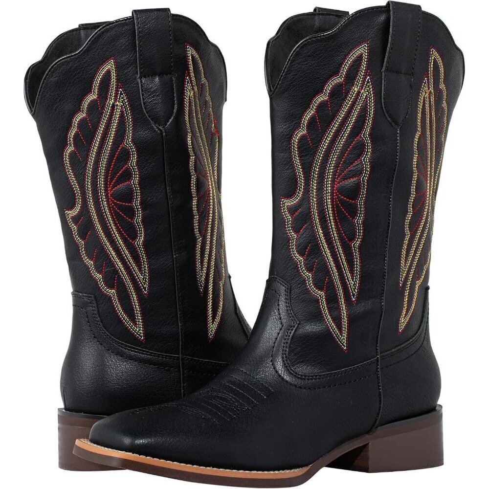 SheSole Western Boots Women Black Tan Faux Leather Square Toe Wide Mid Calf - Picture 9 of 9